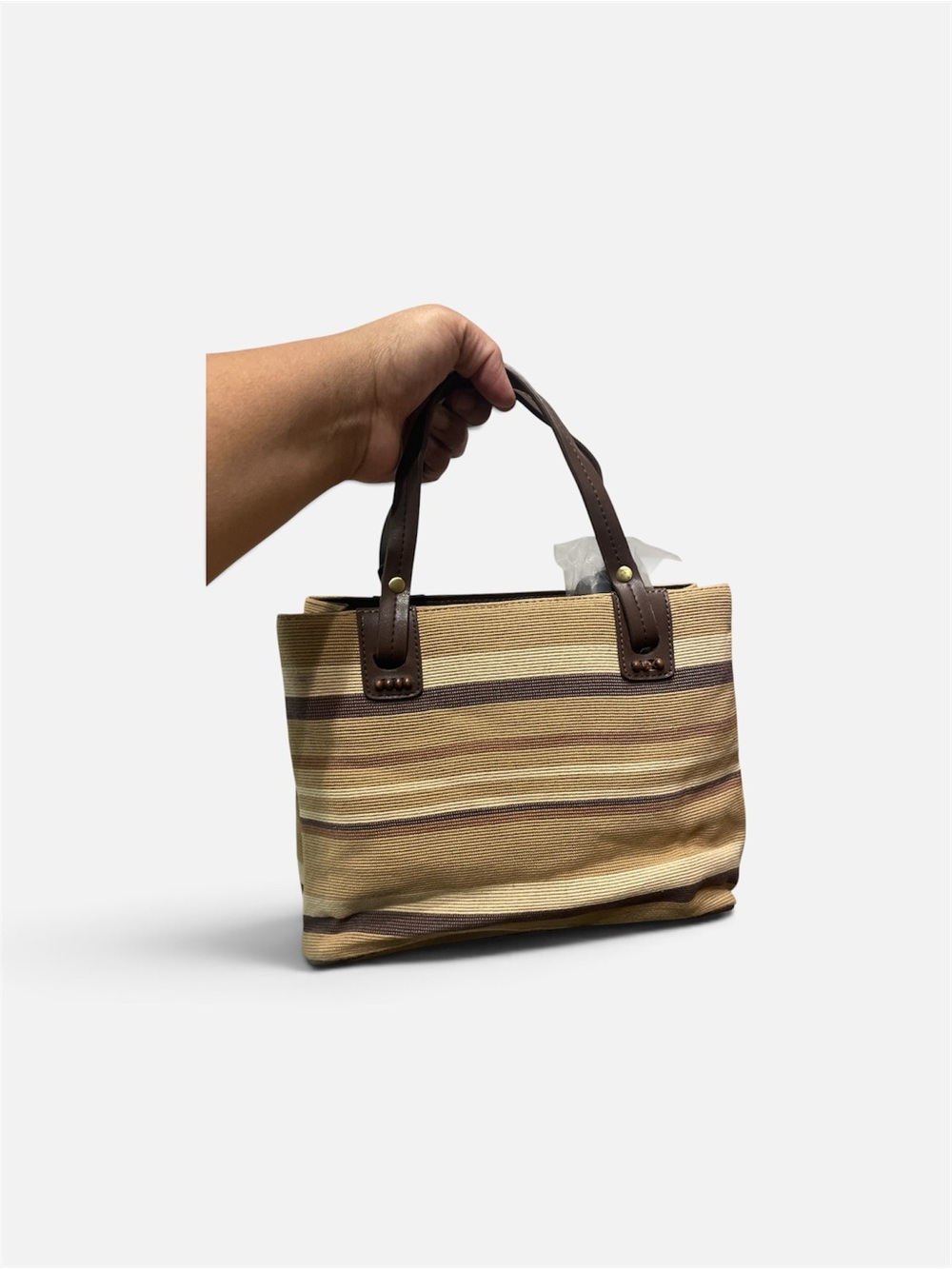 •Striped Canvas Tote Bag with Brown Handles